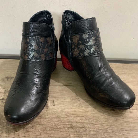 Women's REMONTE Black Leather FLORAL Equestrian RED HEEL Ankle BOOTS Booties 38 - Picture 4 of 8